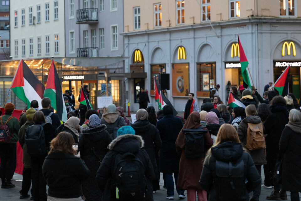 FLAGG: Gruppen med folk veiver flagget til Palestina mens de hører på talerne. FOTO: Brede Tolo Haugland