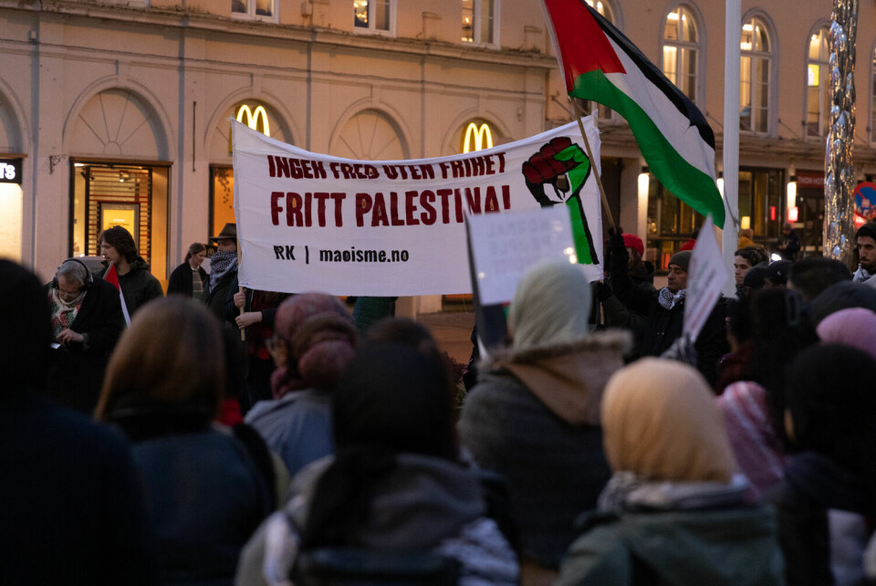 FELLESSKAP: Enkelte holder opp store bannere, med det samme budskapet som alle roper i kor, “Fri Palestina”. FOTO: Brede Tolo Haugland
