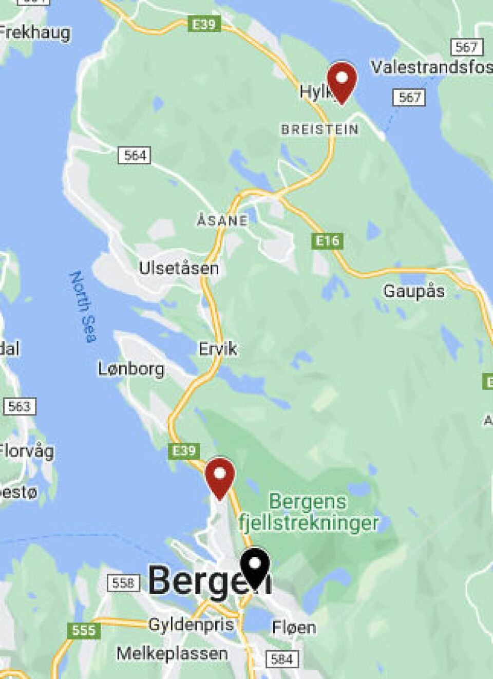 CAMPUS: De røde markørene viser NLA Høgskolens to nåværende avdelinger i Bergen. Nå skal Breistein-utdanningene flyttes til Kalfaret (svart markør). FOTO: Skjermbilde/Google My Maps