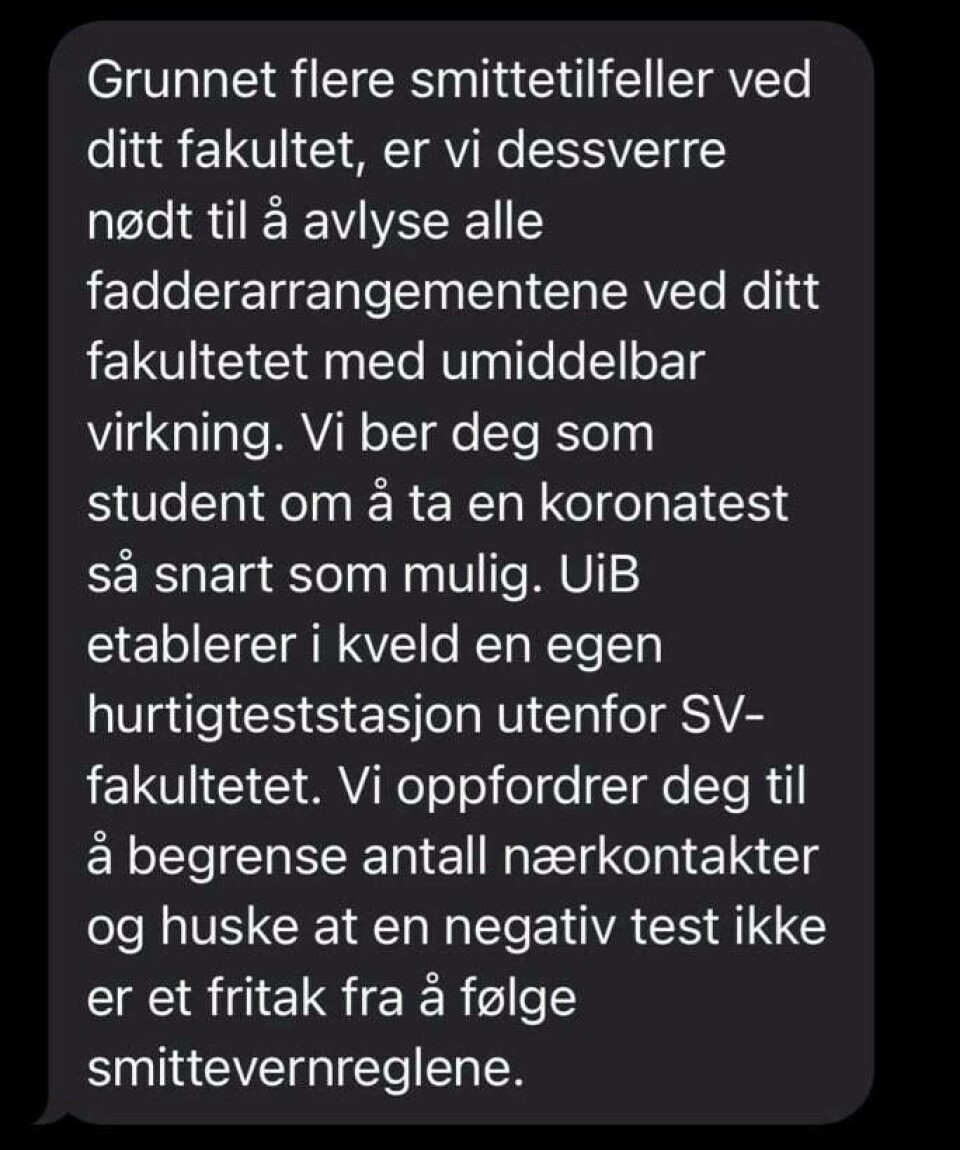 MELDING: UiB sendte ut denne meldingen til studenter ved Det samfunnsvitenskapelige fakultet.