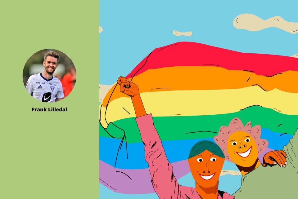 PRIDE. I panikk kjøpte jeg den største paraplyen i regnbuefarger jeg kunne finne. 600 kr rett ut. Foto: Hordalandsfotballen og Illustrasjon: Anna Jakobsen