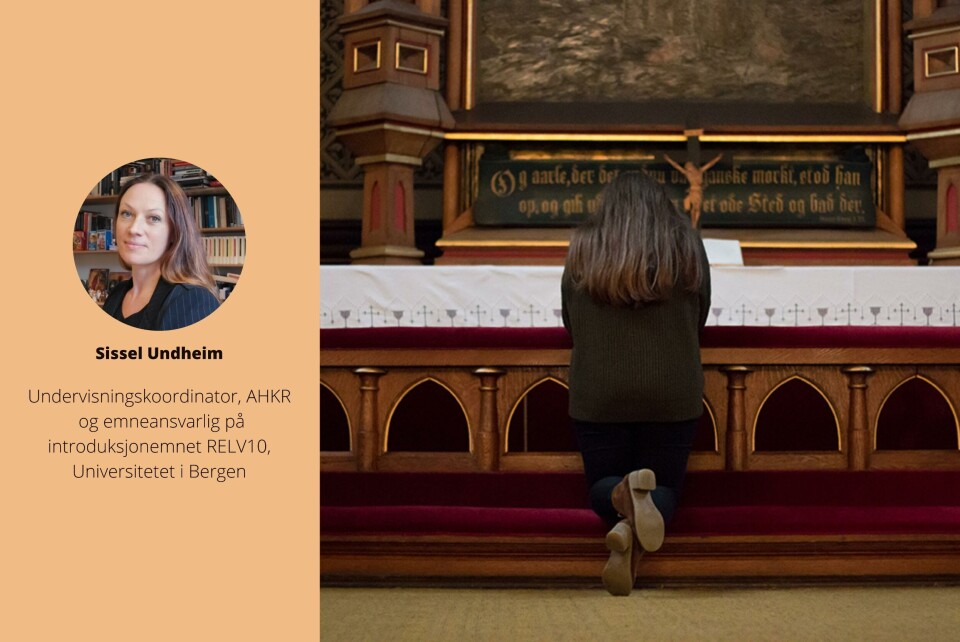 UiB-REKLAME. Politikk, seksualitet og identitet er blant disse temaene religionsvitenskapsfaget uunngåelig kommer inn på, skriver undervisningskoordinator Sissel Undheim i debattinnlegget. Foto: Privat og Arkivfoto: Adrian Grindbakken