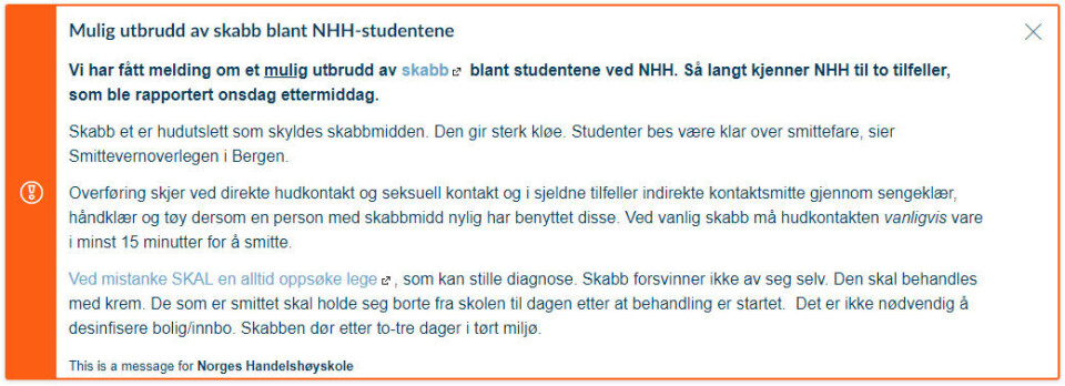 BESKJED: Dennne meldingen ble lagt ut på NHH-studentenes læringsplattform Canvas torsdag. Skjermdump: NHHs Canvas.