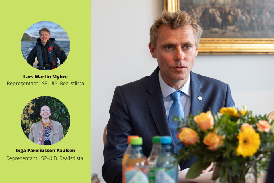 UENIG. Det blir feil når nyhetsredaktør i Studvest, Astri Lovett Hageberg, skriver at studentpolitikken går sin gang uten UiB-studentene, skriver Lars Martin Myhre og Inga Pareliussen Paulsen i Realistlista. FOTO: Privat / privat / Studvest UENIG. Det blir feil når nyhetsredaktør i Studvest, Astri Lovett Hageberg, skriver at studentpolitikken går sin gang uten UiB-studentene, skriver Lars Martin Myhre og Inga Pareliussen Paulsen i Realistlista. FOTO: Privat / privat / Studvest