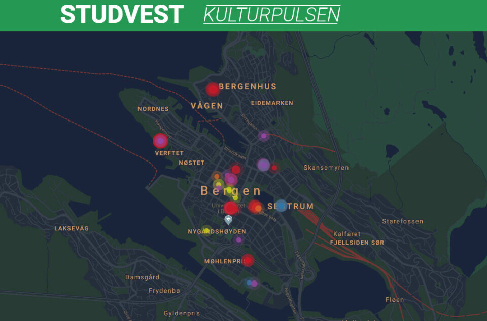 NYTT KONSEPT. Dette interaktive kartet kan du bruke til å orientere deg om hvor det skjer ting i Bergen.