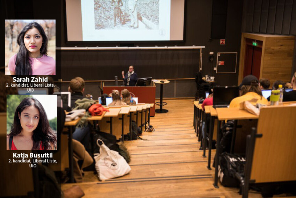 NATTUGLER. Sarah Zahid og Katja Busuttil fra Liberal Liste mener studentene bør ha friheten til å bestemme når de skal studere, om det er morgen eller kveld. Arkivfoto: Beate Felde.