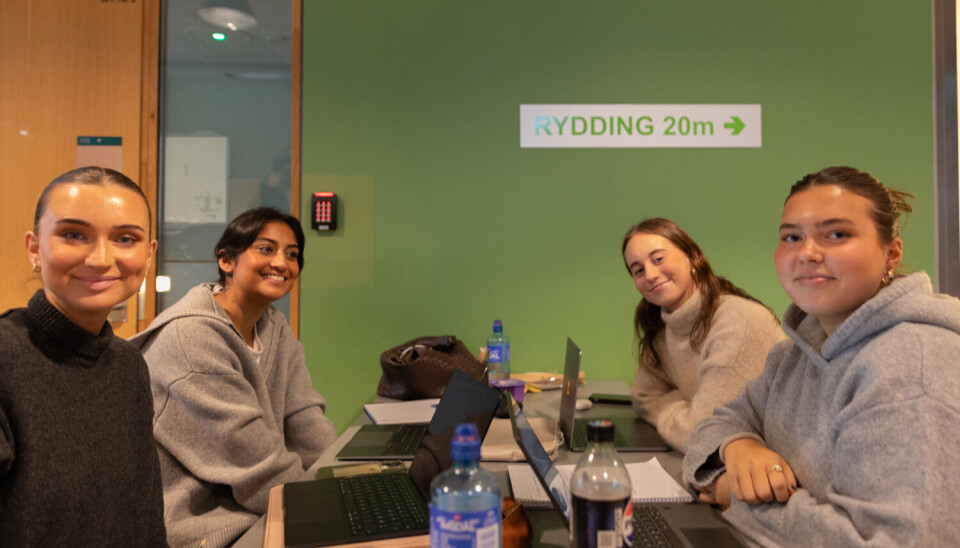 MEDIEBEVISST: Studentene merker partiets økte synlighet på digitale plattformer, men er usikre på akkurat hva som ligger bak suksessen. Ishnoor Singh (bak til venstre - HR), Elise Andrea Mikkelsen (bak til høyre - anvendt psykologi) og Vilde Sofie Bakketun (nede til høyre - HR)
