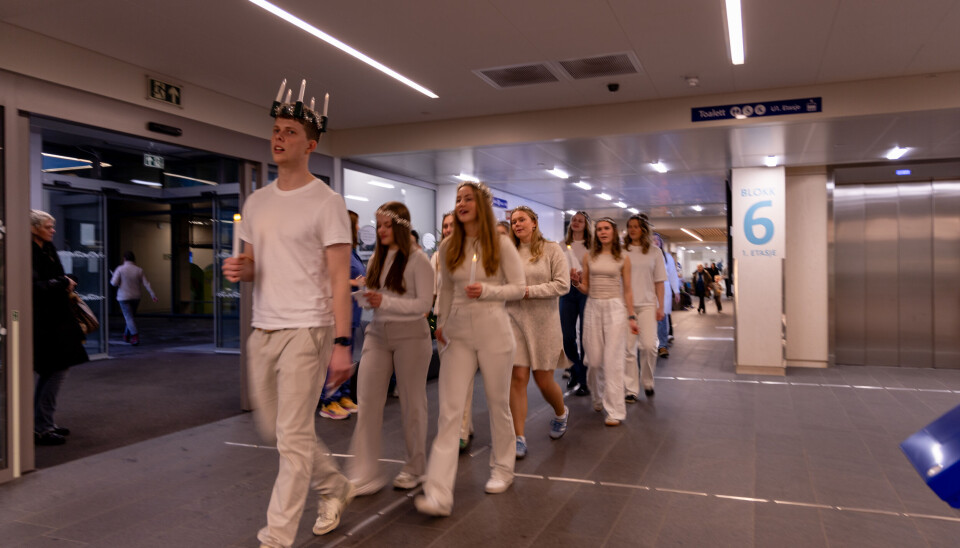 LUCIO?: Nitten jenter og en mannlig Lucia travet rundt i gangene på Haukeland i dag.