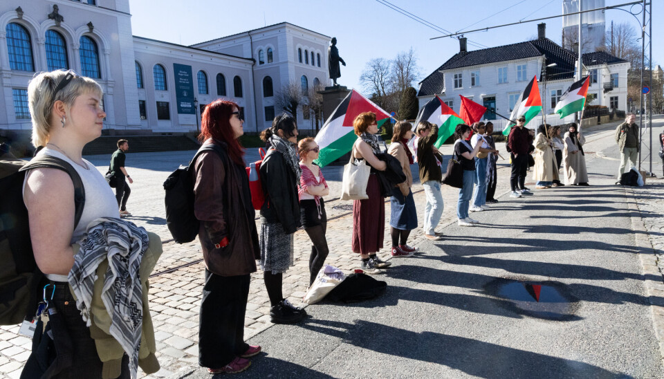 STORT: Onsdag ettermiddag vaiet det store palestinske flagg på Muséplassen.