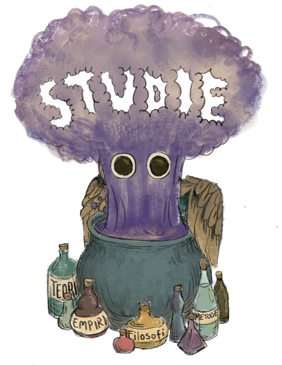 Hvordan blir et studie til? Illustrasjon, ugle, UiB, hvordan studier blir til, gryte, koke, trolldom